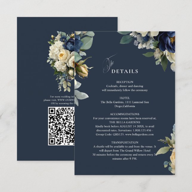 Eleganta Navyblå Blommiga  Peonior Bröllopsdetalje Tilläggskort (Fram/baksida)