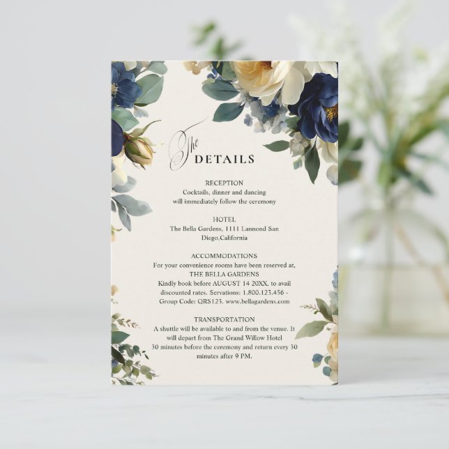 Eleganta Navyblå Blommiga  Peonior Bröllopsdetalje Tilläggskort (Stående Fram)