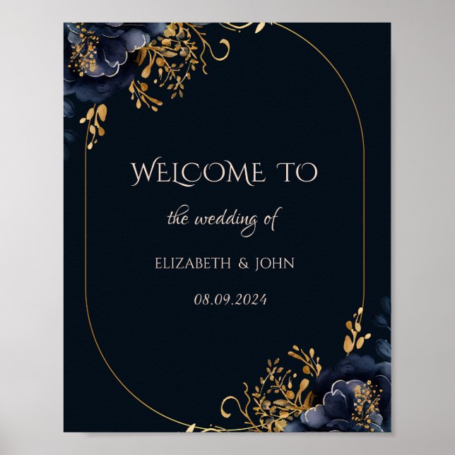 Eleganta Navyblå Blommor Bröllop Poster (Framsidan)