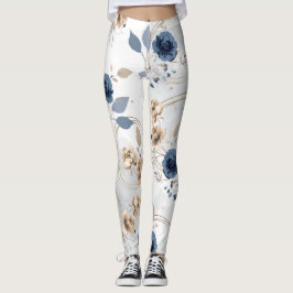 Eleganta Navyblå och Beige Blommiga Akvarell Leggi Leggings