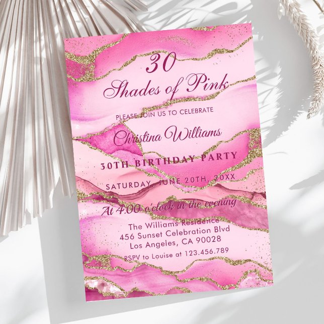 Eleganta Nyanser av Rosa Födelsedagsfest Inbjudningar (Elegant Pink and Gold Marble, Shades of Pink Birthday Party Invitation)