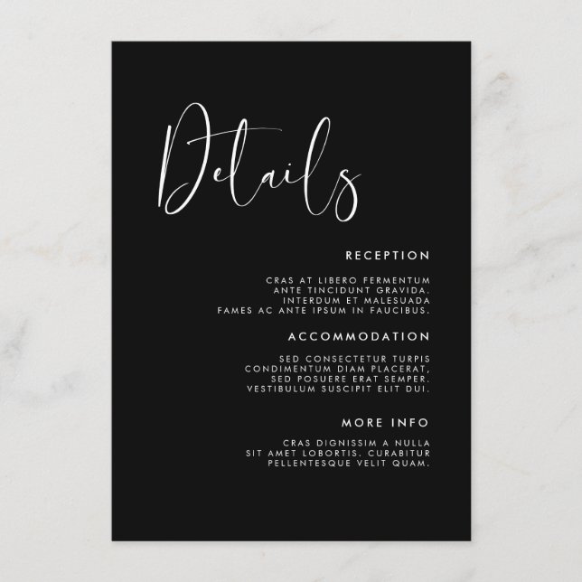 Eleganta och moderna svarta bröllopsdetaljer tilläggskort (Framsida)