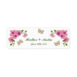 Eleganta ömtåliga lila orkidéer bohemisk botanisk returadress etikett