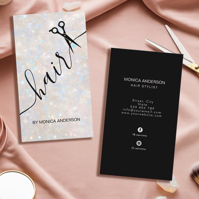 Eleganta Opal Glitter Hår Script Stylist Sax Visitkort (Elegant Opal Glitter Hair Script Stylist Scissors Business Card)