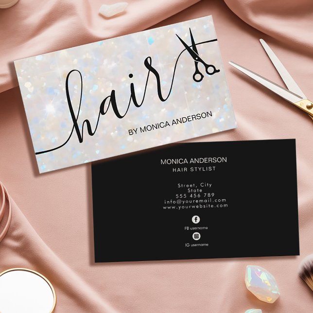 Eleganta Opal Glittrande Hår Script Stylist Sax Visitkort (Elegant Opal Glitter Hair Script Stylist Scissors Business Card)