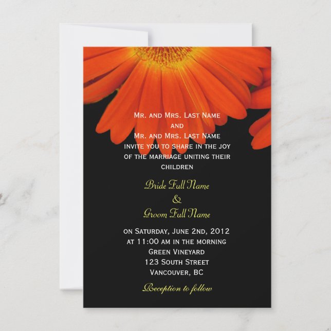Eleganta orange gerbera tusenskönor blommor bröllo inbjudningar (Framsida)