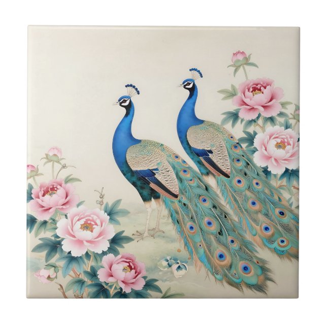 Eleganta påfåglar Rosa pioner Asiatisk  Kakelplatta (Framsidan)