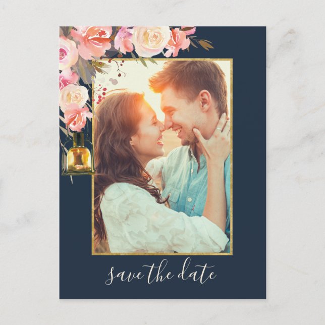 Eleganta Päonier Rustika Lykta Navy Korall Foto Meddelande Vykort (Framsida)