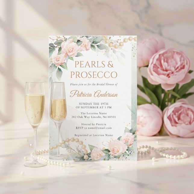 Eleganta pärlor och Prosecco bröllopsdusch Inbjudningar (Skapare uppladdad)