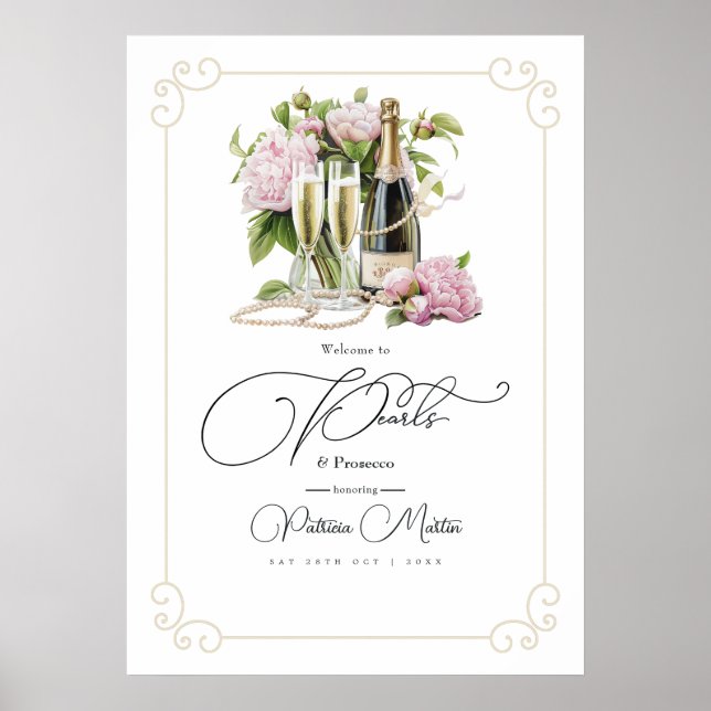 Eleganta pärlor och Prosecco Bröllopsdusch-välkomm Poster (Framsidan)