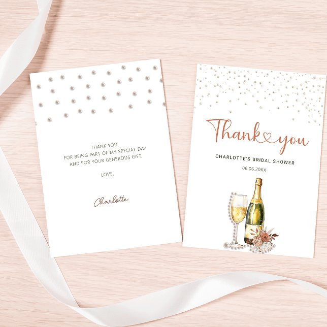 Eleganta pärlor och Prosecco bröllopsfest Tack Kort (Elegant Pearls and Prosecco Bridal Shower Thank You Card
)
