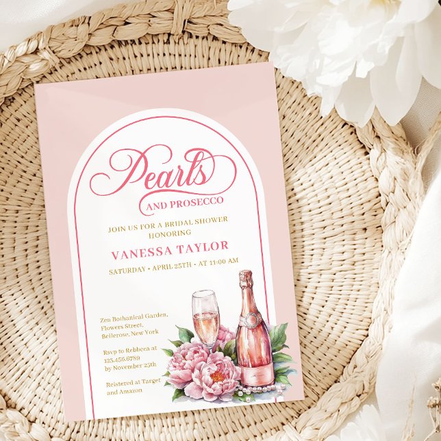 Eleganta pärlor och Prosecco bröllopsfestkort Inbjudningar (Chic Pearls and Prosecco Bridal Shower Card)