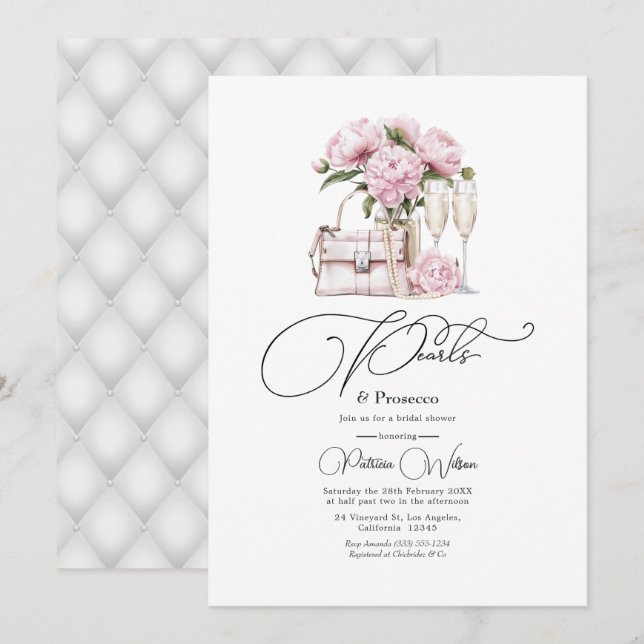 Eleganta pärlor och Prosecco Rosa blomster Bröllop Inbjudningar (Fram/baksida)