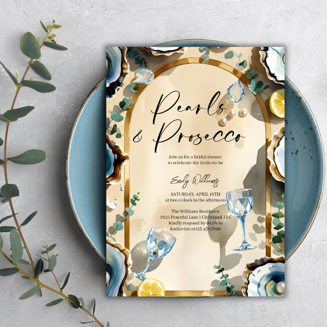 Eleganta pärlor & Prosecco bröllopsdusch Inbjudningar (Pearls & Prosecco Bridal Shower – Oyster, Bubbly Glasses, Luxe Arch, Personalized)