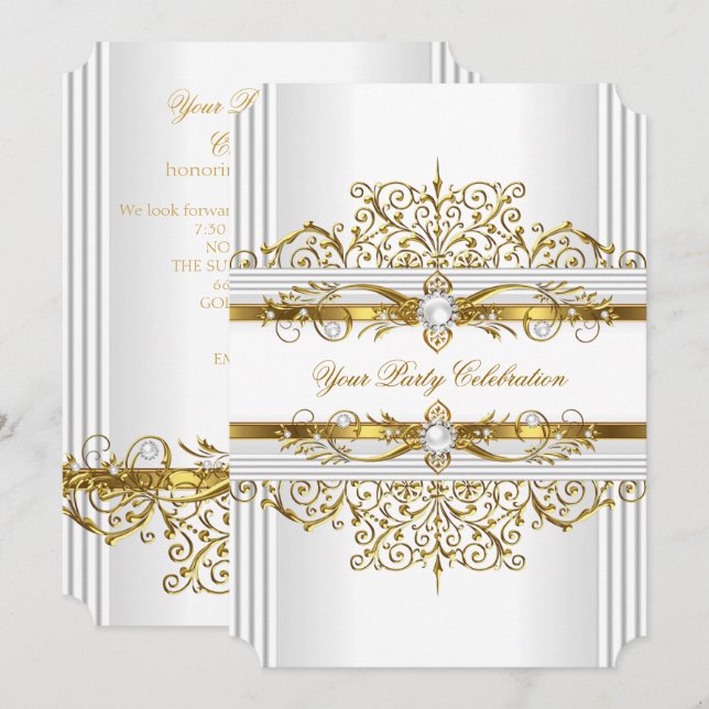 Eleganta pärlor Vitt Guld Elegant Födelsedagsfest Inbjudningar (Fram/baksida)