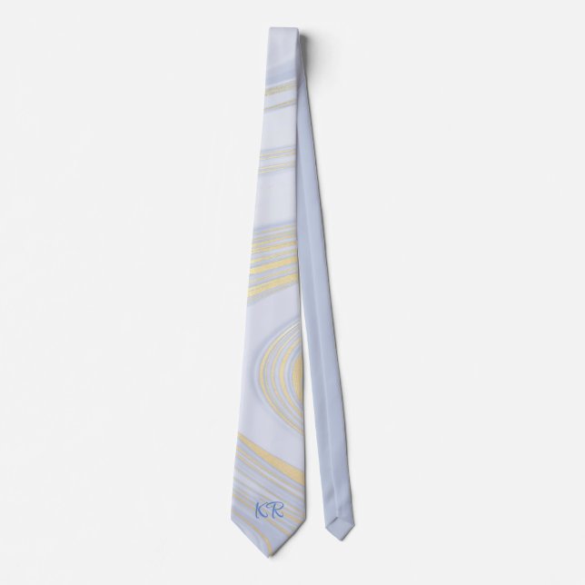 Eleganta Pastellblå Guld Marmormönster Initialer Slips (Framsida)