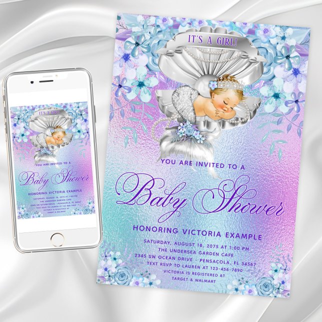 Eleganta Pastellfärgade Sjöjungfrubarnkalas-inbjud Inbjudningar (Purple teal mermaid baby shower invitation. Instant download and printed invitations available.)