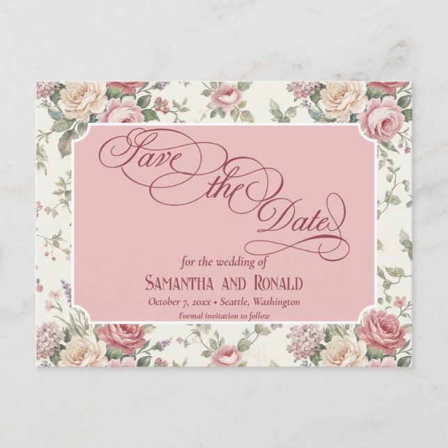 Eleganta Pastellrosor Shabby Chic Bröllop Meddelande Vykort (Framsida)