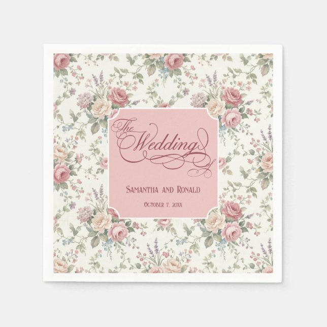 Eleganta Pastellrosor Shabby Chic Bröllop  Pappersservett (Framsidan)