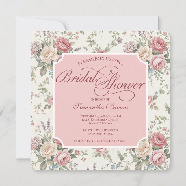 Eleganta Pastellrosor Shabby Chic Bröllopsdusch Inbjudningar (Framsida)