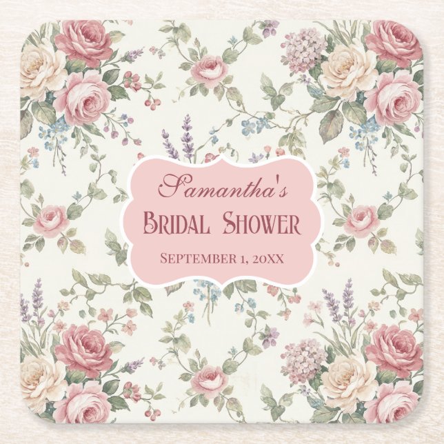 Eleganta Pastellrosor Shabby Chic Bröllopsdusch Underlägg Papper Kvadrat (Framsidan)