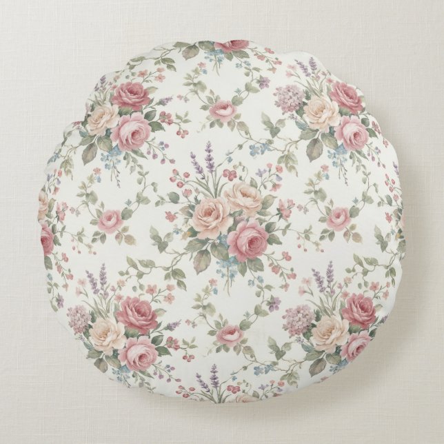 Eleganta Pastellrosor Shabby Chic Rund Kudde (Framsidan)