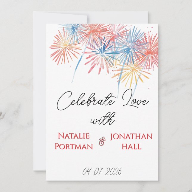 Eleganta patriotiska fyrverkerier | 4 juli bröllop inbjudningar (Framsida)