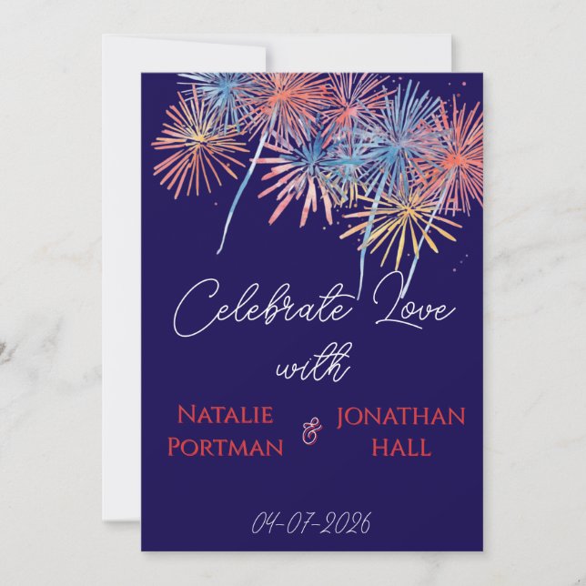 Eleganta Patriotiska Fyrverkerier | 4 juli Bröllop Inbjudningar (Framsida)