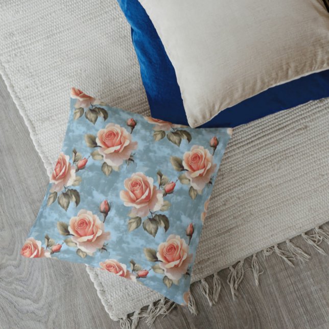 Eleganta persikorosor på blå bakgrund kudde (Skapare uppladdad)