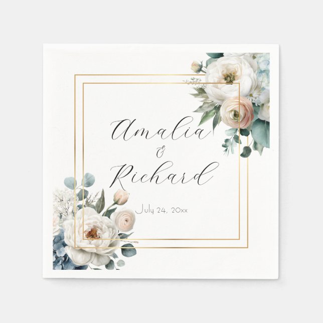 Eleganta personliga bröllopsservetter med blommoti pappersservett (Framsidan)