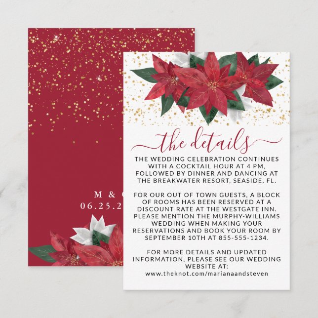 Eleganta Poinsettia Julbröllopsdetaljer Tilläggskort (Fram/baksida)
