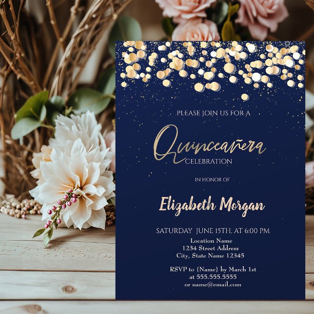 Eleganta prickar, konfetti marinblå Quinceañera Inbjudningar (Skapare uppladdad)