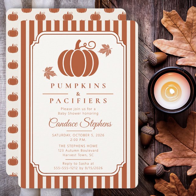 Eleganta pumpar och nappflaskor Höst Baby Shower Inbjudningar (Elegant pumpkin baby shower invitation with rust stripes and timeless autumn stationery styling.)