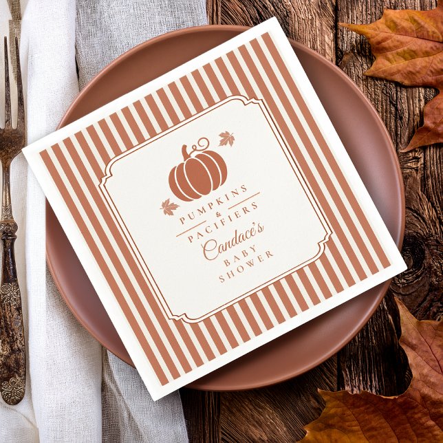 Eleganta pumpor & nappflaskor Baby Shower  Pappersservett (Elegant pumpkin baby shower paper napkins with timeless rust and cream striped design.)