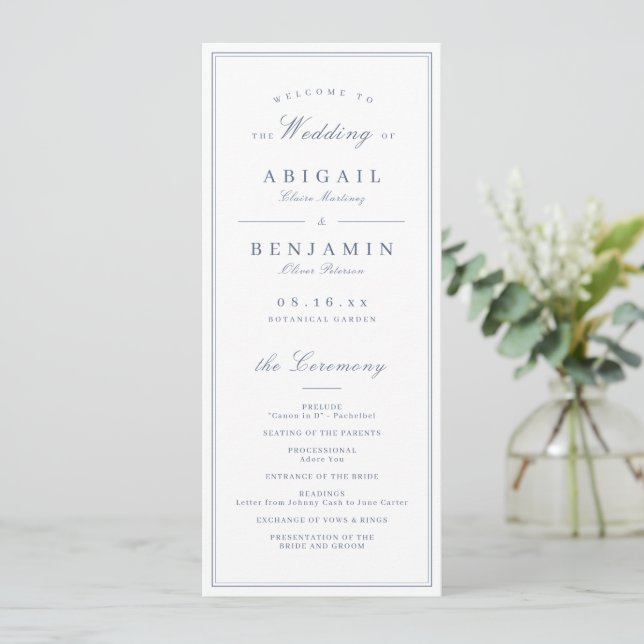 Eleganta ramar blå minimalistisk bröllopsprogram program (Stående Fram)