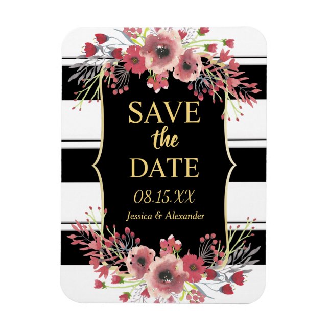 Eleganta randiga blommiga vattenfärg sparad datum magnet (Vertikal)