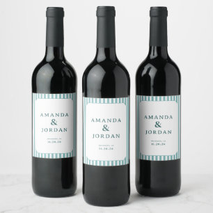 Eleganta randiga bröllasklabel i tealgrönt vinflaska etikett