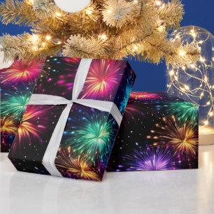 Eleganta regnbågsfyrverkerier på svart bakgrund presentpapper