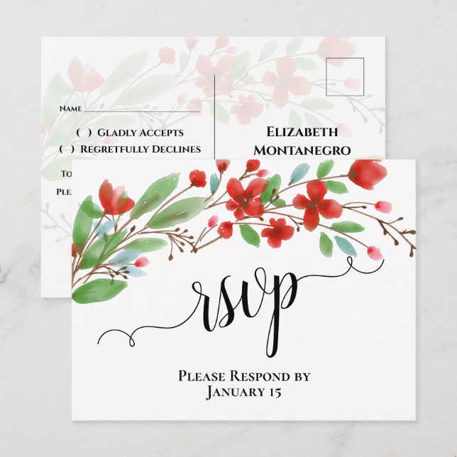 Eleganta röda akvarellblommor bröllop RSVP Vykort (Fram/baksida)