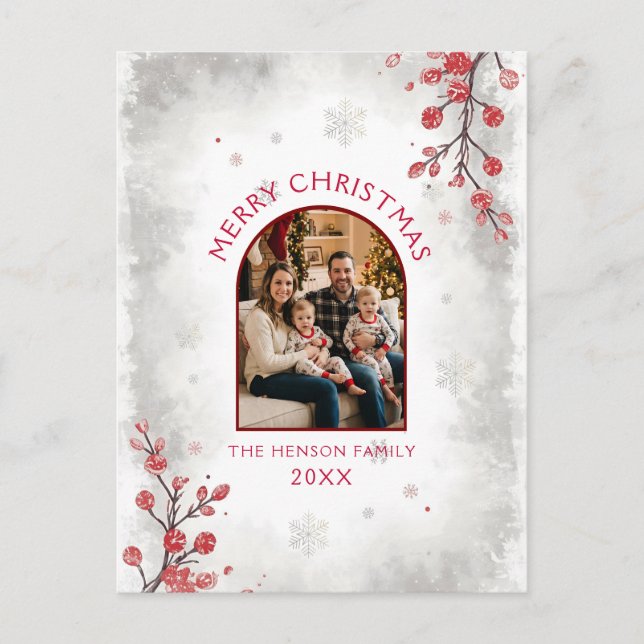 Eleganta röda bär familjefoto jul  helg vykort (Framsida)