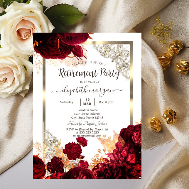 Eleganta röda blommor guld ram Pensionering   Inbjudningar (Skapare uppladdad)