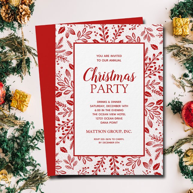 Eleganta röda botaniska julfest inbjudningar (Elegant red botanicals Christmas party invitations, PRINTED and/or INSTANT DOWNLOAD)