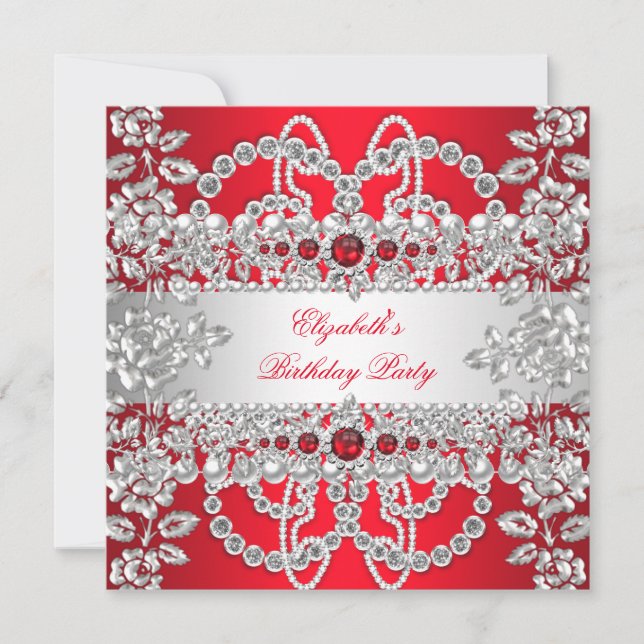 Eleganta röda diamanter silver blomster födelsedag inbjudningar (Framsida)