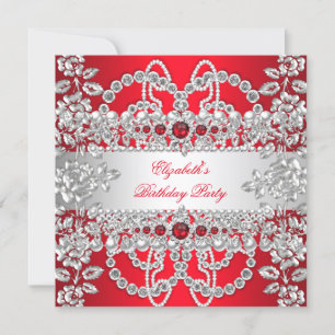 Eleganta röda diamanter silver blomster födelsedag inbjudningar