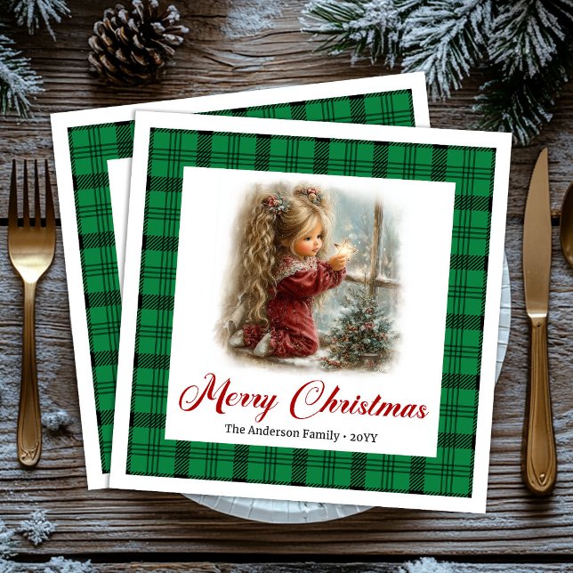 Eleganta röda gröna festliga vinterscennapparater pappersservett (Elegant Red Green Festive Winter Scene Napkins)