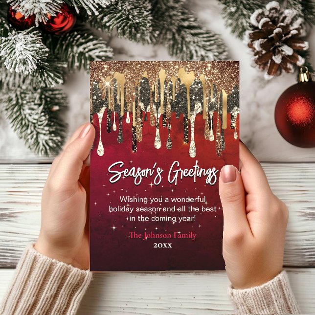 Eleganta röda guld droppar jul nyår hälsning kort (Skapare uppladdad)