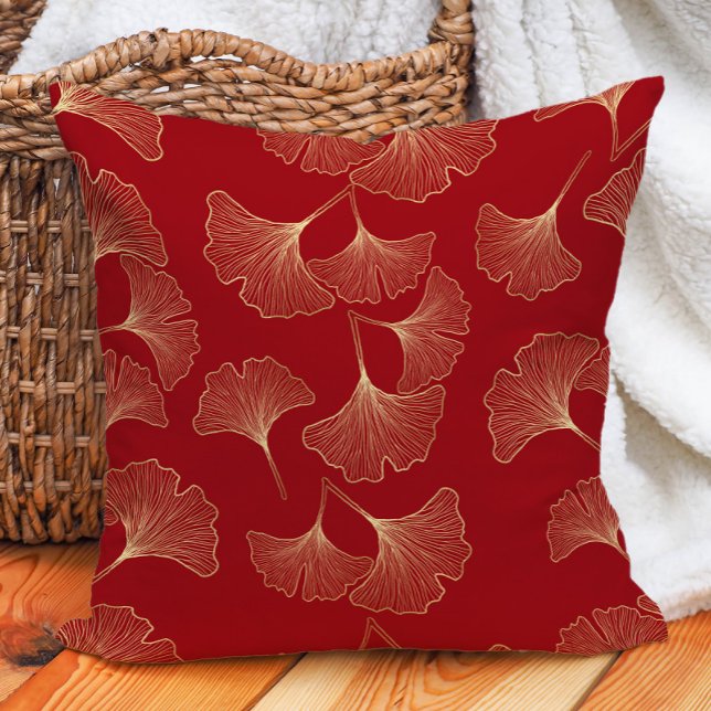 Eleganta röda guldginkoblad  kudde (Elegant red and gold ginko pillow)