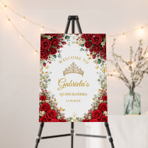 Eleganta röda gyllene fjärilar Quinceañera välkomm