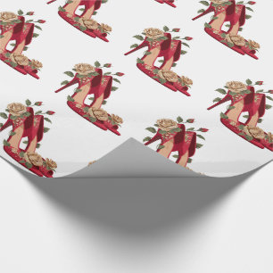 Eleganta röda högklackade skor med gyllene rosor presentpapper