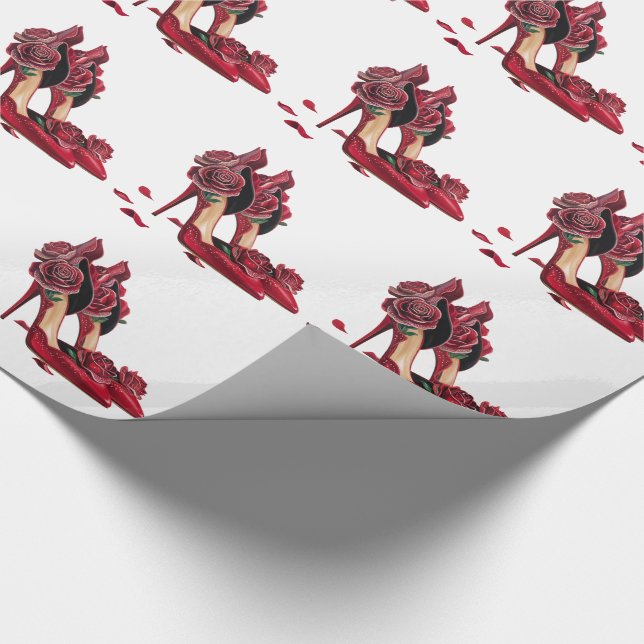 Eleganta röda högklackade skor med gyllene rosor presentpapper (Hörn)